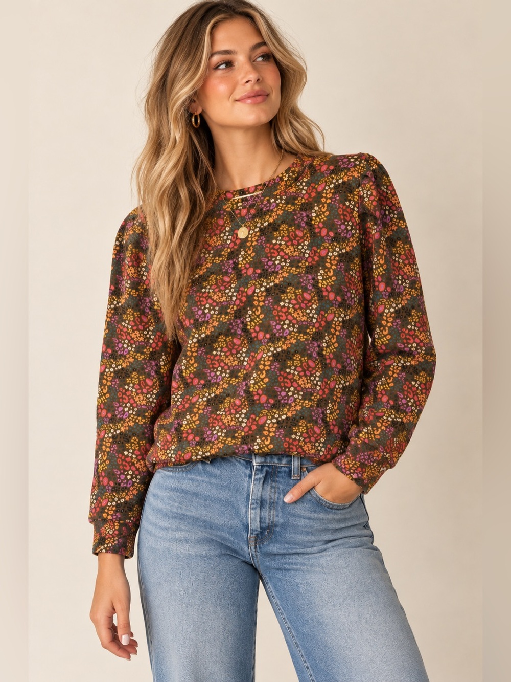 Marine Layer Enya Puff Sleeve Sweatshirt M Cheetah Ditsy Floral Organic Cotton